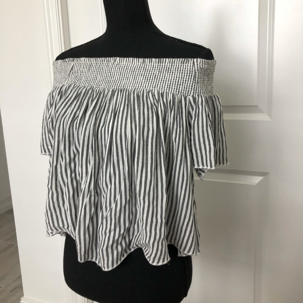 Elan Off the Shoulder Grey and White Striped Shirt